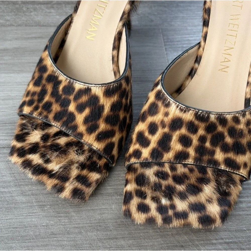 Stuart Weitzman Tia 75 Leopard Calf Hair Slide Mule Sandal Kitten Heel Shoes 9